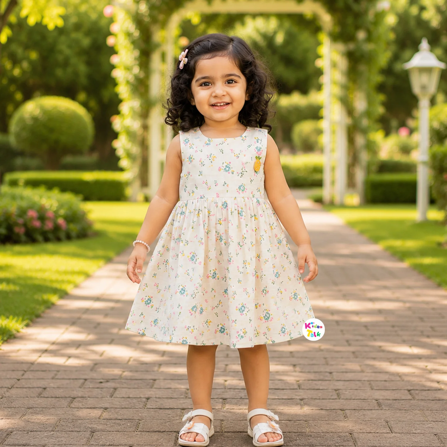 Muslin Sleeveless Frock With Cute Floral Print - Ice Blue